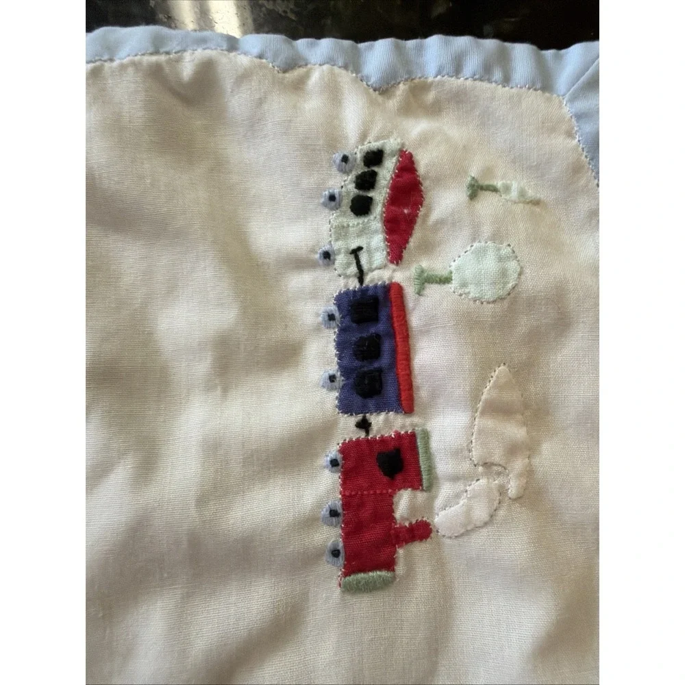 Vintage Boys Nursery Pillowcase Train Embroidery Baby Decoration Blue White